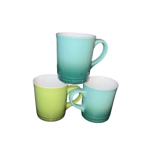 Ceramic "Super Mug" Blue Ombre Coffee Cup Set of 3 - Picture 1 of 10